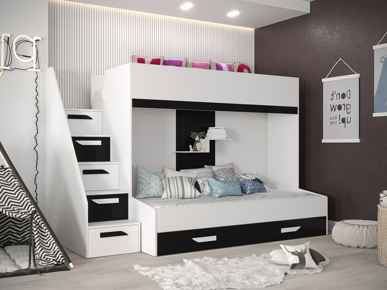 Bunk bed Hartford 356 (White + Glossy black + Glossy white)