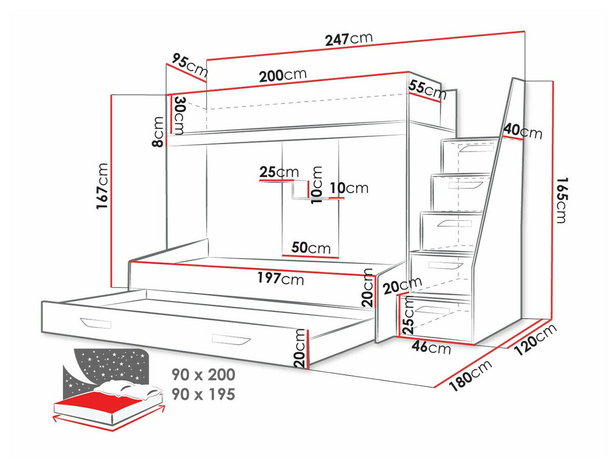 Bunk bed Hartford 356 (White + Glossy black + Glossy white)