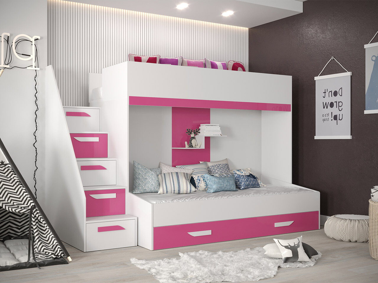 Bunk bed Hartford 356 (White + Glossy pink + Glossy white)