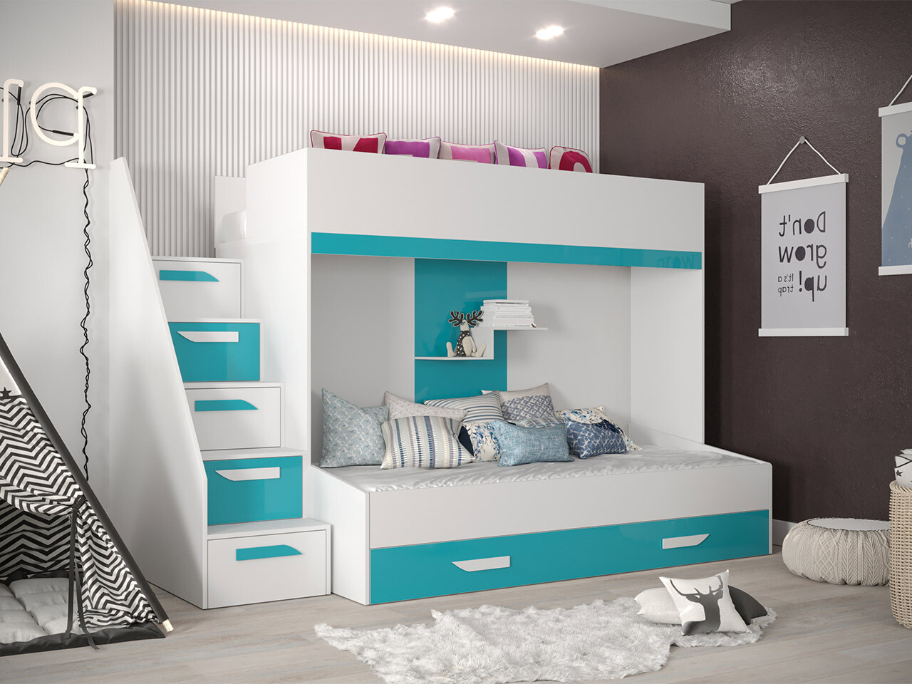 Bunk bed Hartford 356 (White + Glossy Turquoise + Glossy white)
