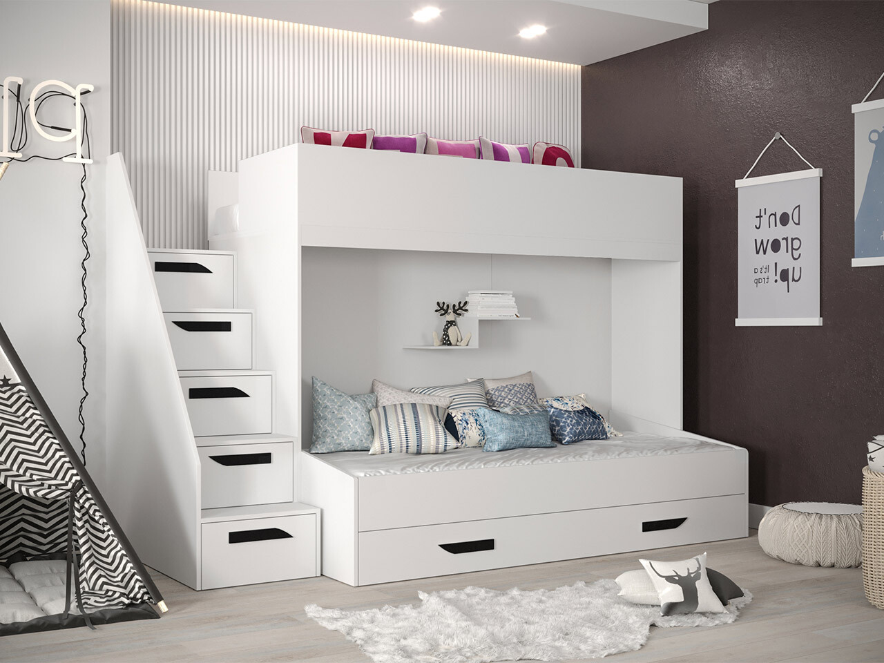 Bunk bed Hartford 356 (White + Glossy white + Black)