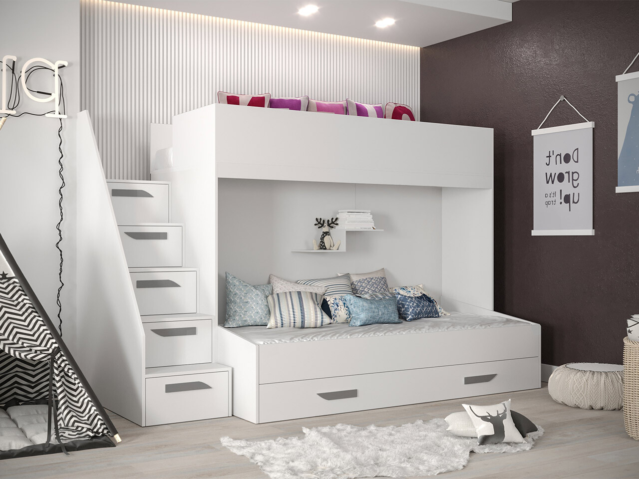 Bunk bed Hartford 356 (White + Glossy white + Grey)