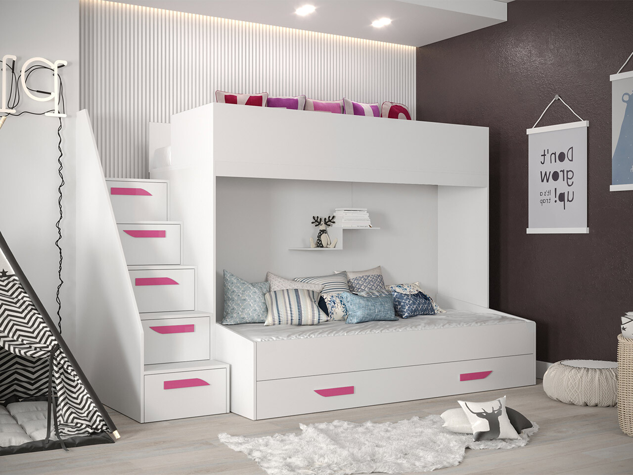 Bunk bed Hartford 356 (White + Glossy white + Pink)