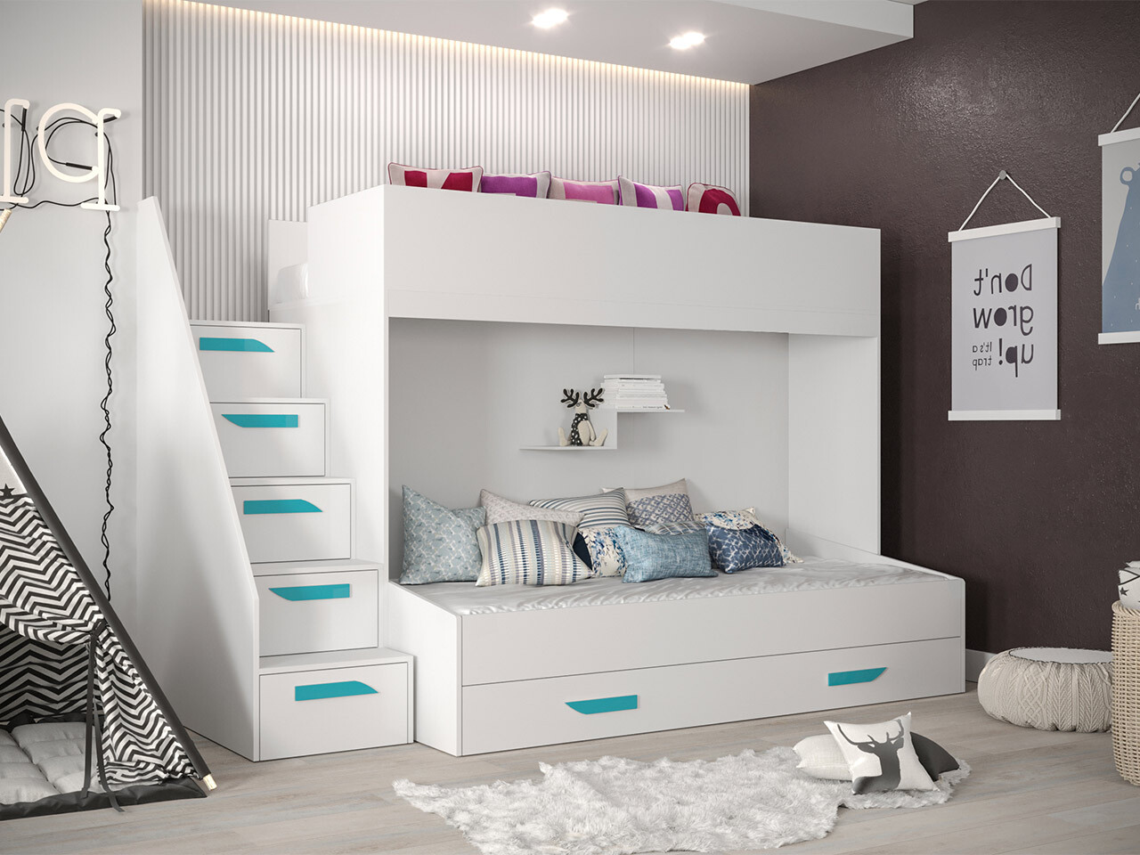 Bunk bed Hartford 356 (White + Glossy white + Turquoise)