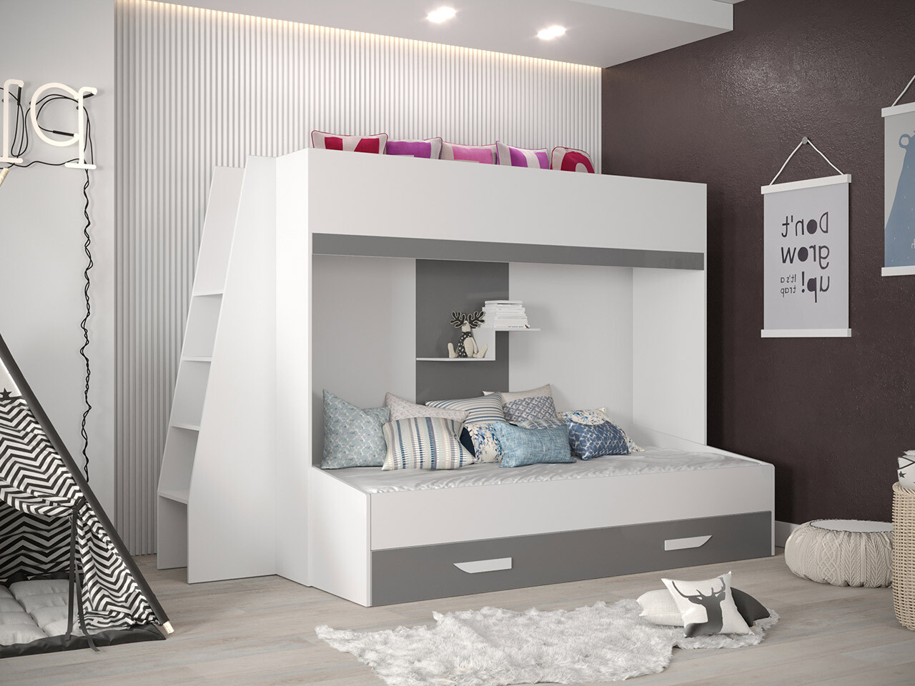 Bunk bed Hartford 357 (White + Gloss grey + Glossy white)