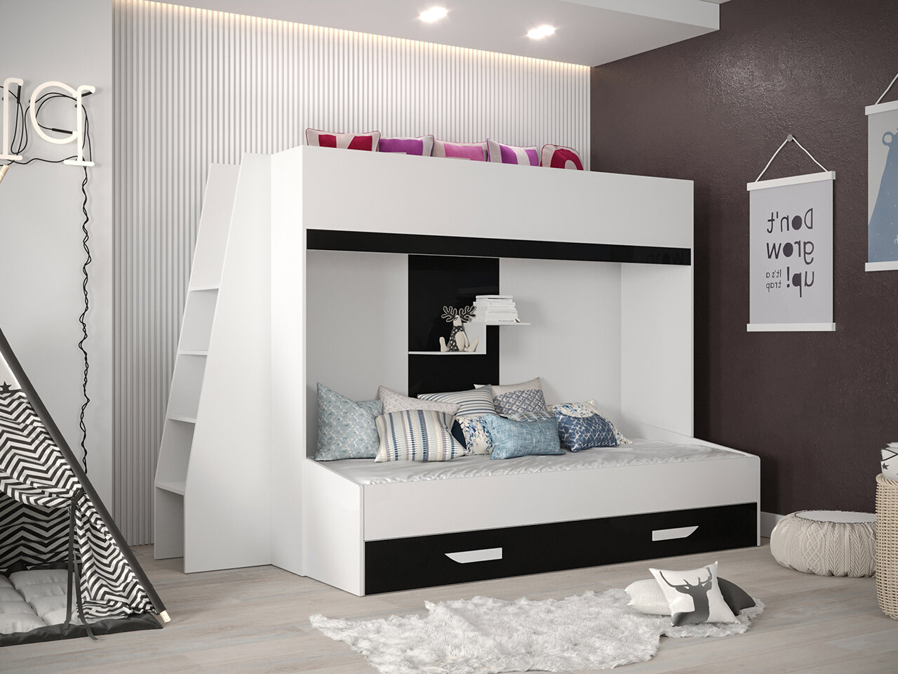 Bunk bed Hartford 357 (White + Glossy black + Glossy white)