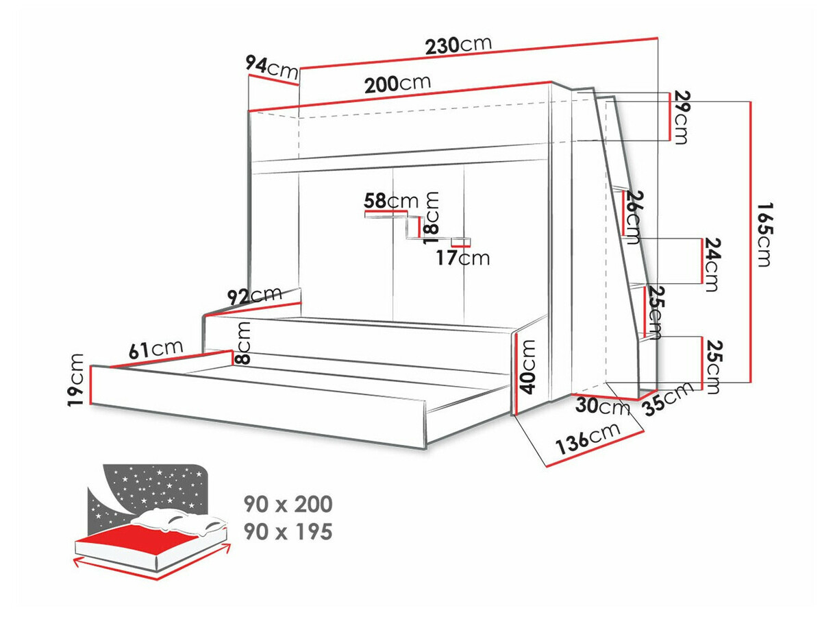 Bunk bed Hartford 357 (White + Glossy black + Glossy white)