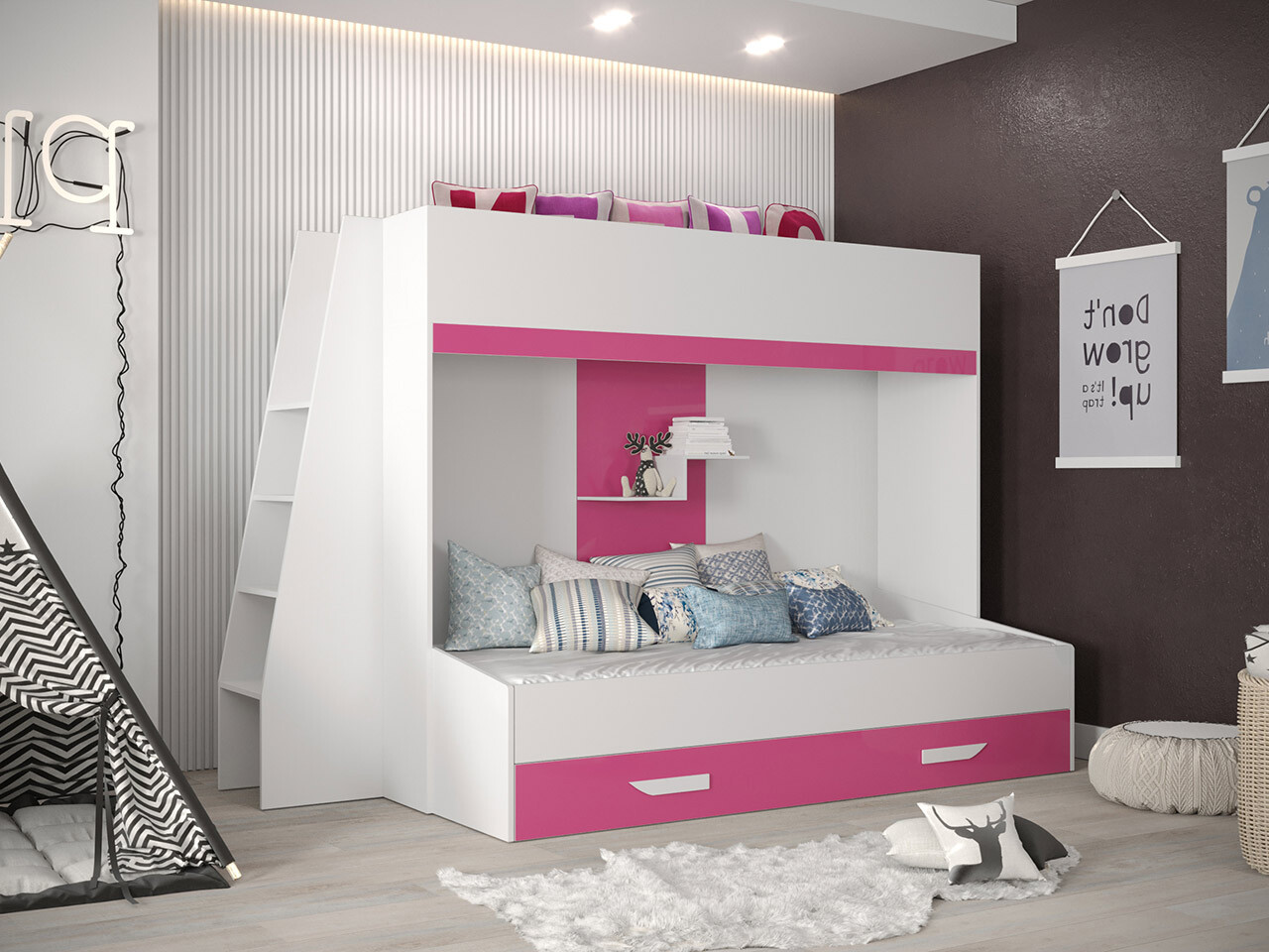 Bunk bed Hartford 357 (White + Glossy pink + Glossy white)