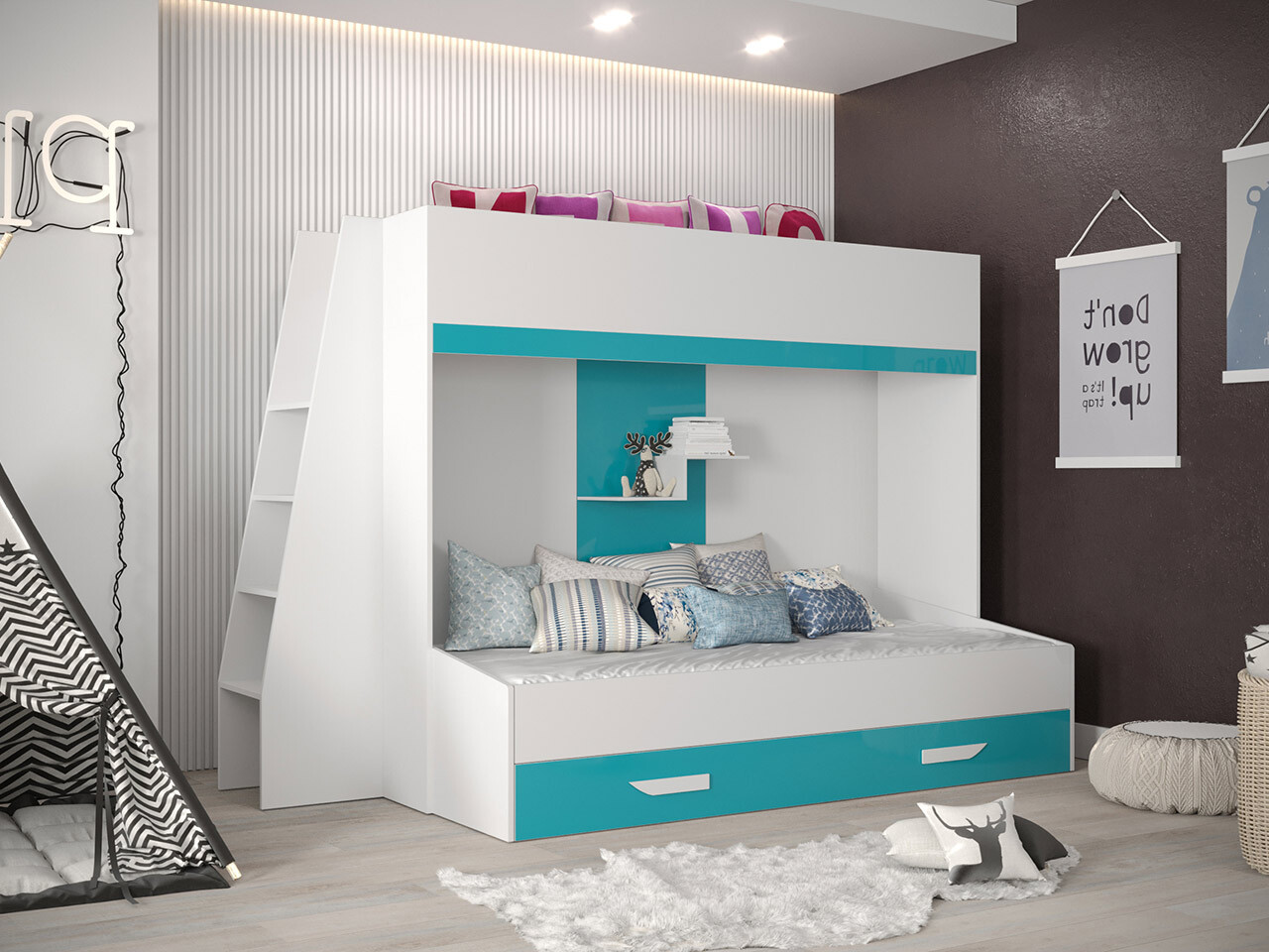 Bunk bed Hartford 357 (White + Glossy Turquoise + Glossy white)