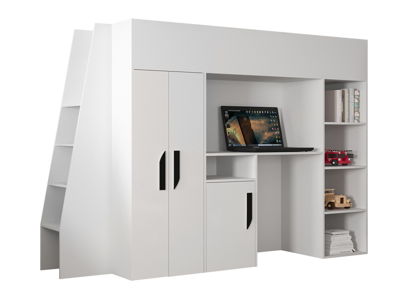 Loft bed Hartford 355 (White + Glossy white + Black)