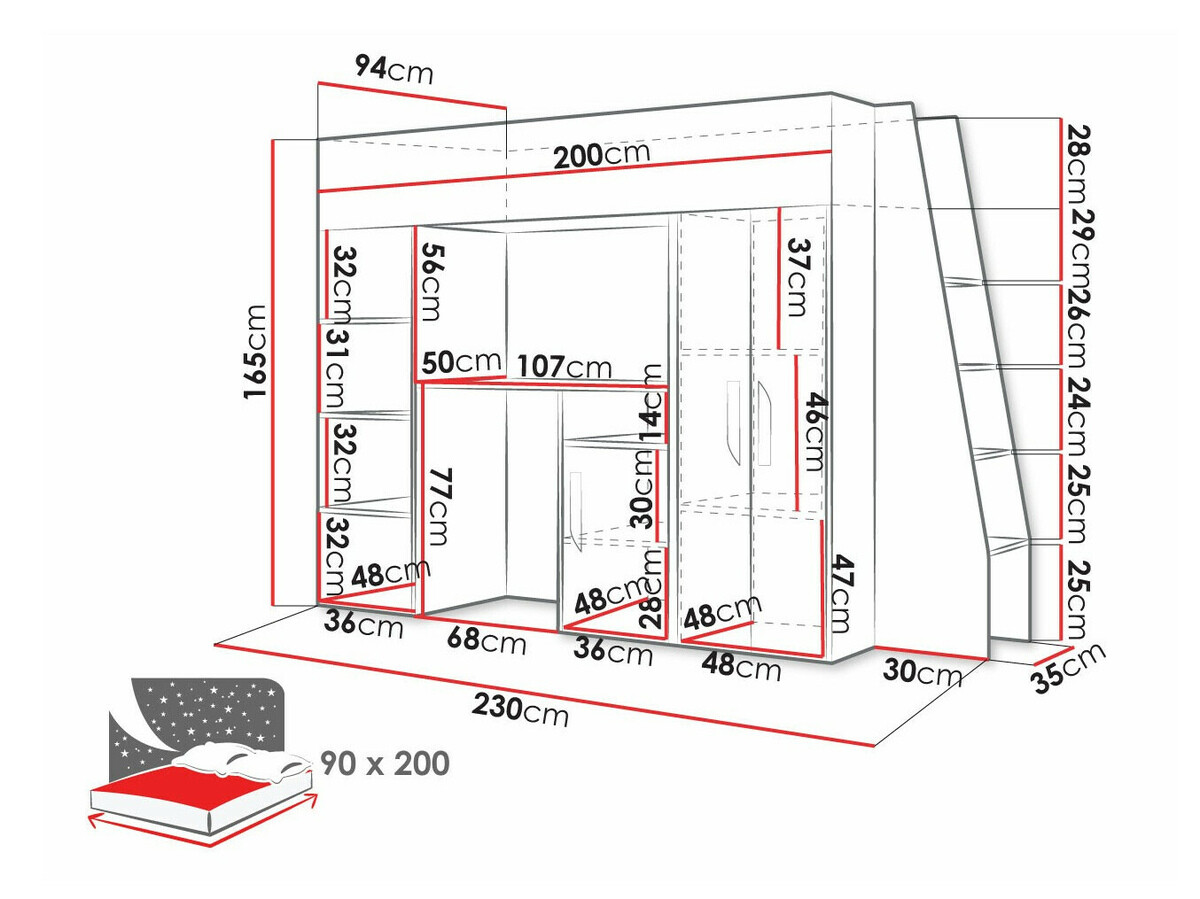Loft bed Hartford 355 (White + Glossy white + Grey)