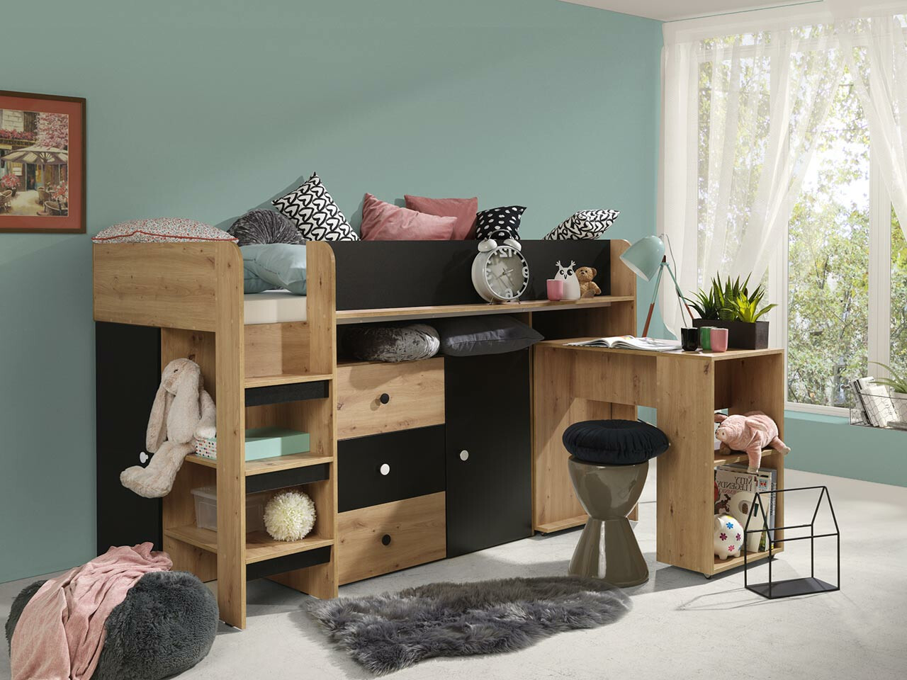 Loft bed Hartford 359 (Artisan oak + Black)