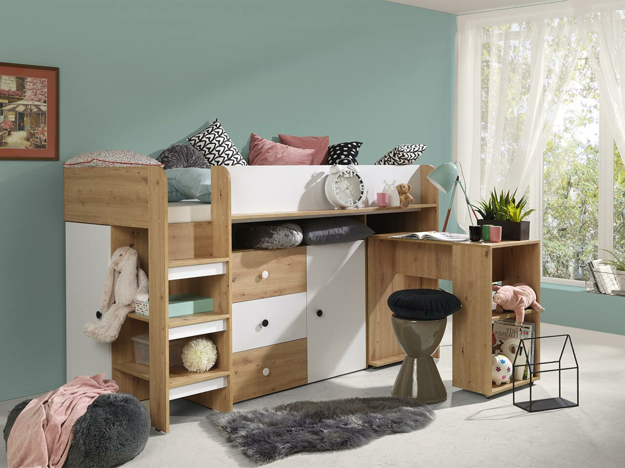 Loft bed Hartford 359 (Artisan oak + White)