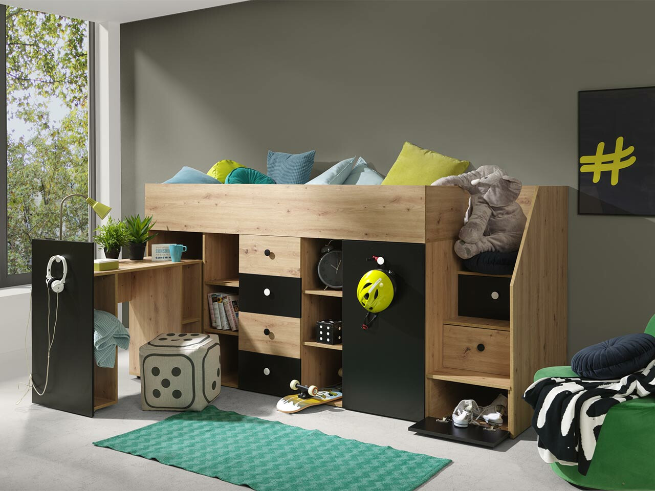 Loft bed Hartford 361 (Artisan oak + Black)