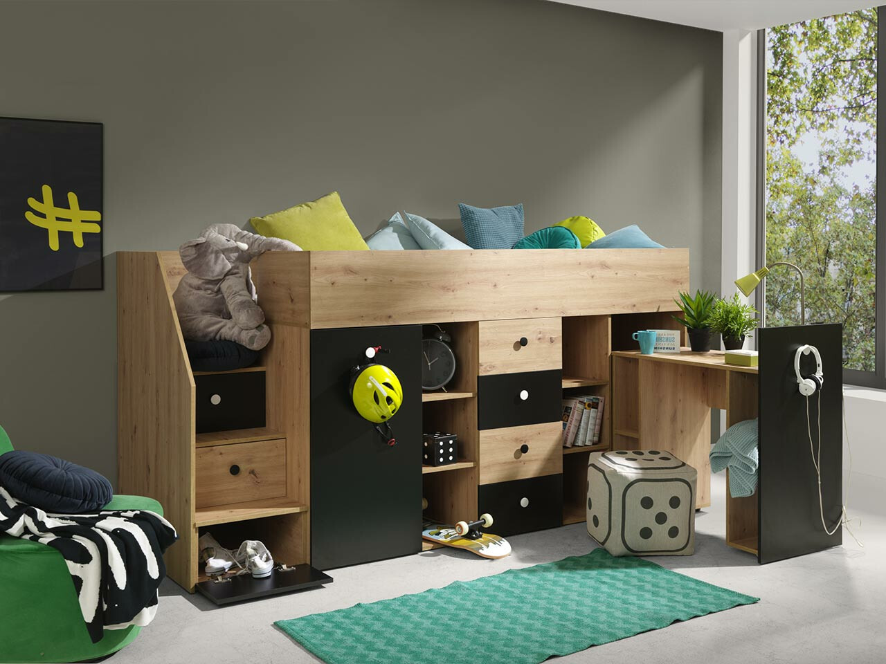Loft bed Hartford 361 (Artisan oak + Black)