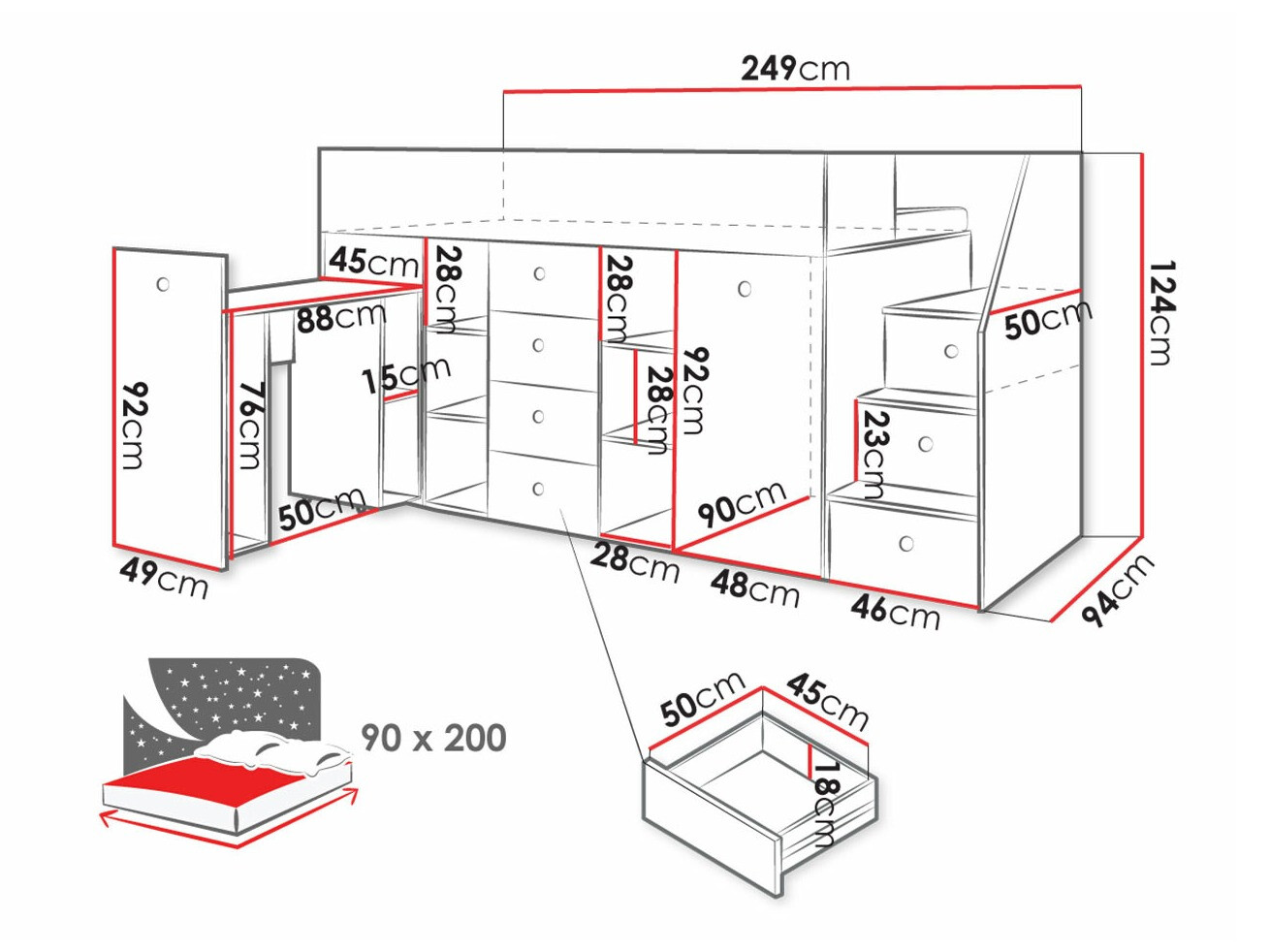 Loft bed Hartford 361 (Artisan oak + Black)