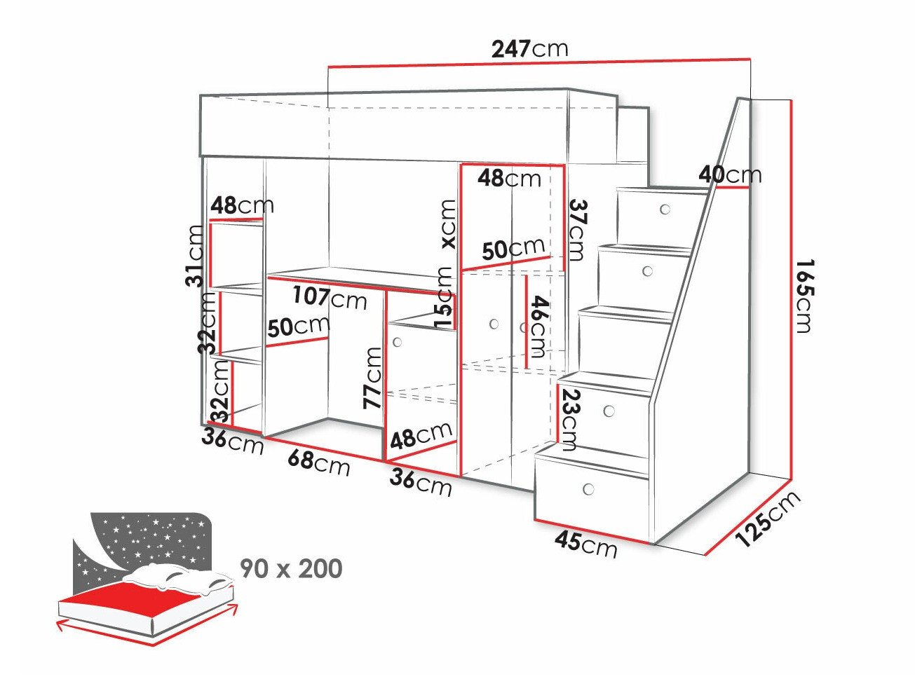 Loft bed Hartford 362 (Artisan oak + Black)