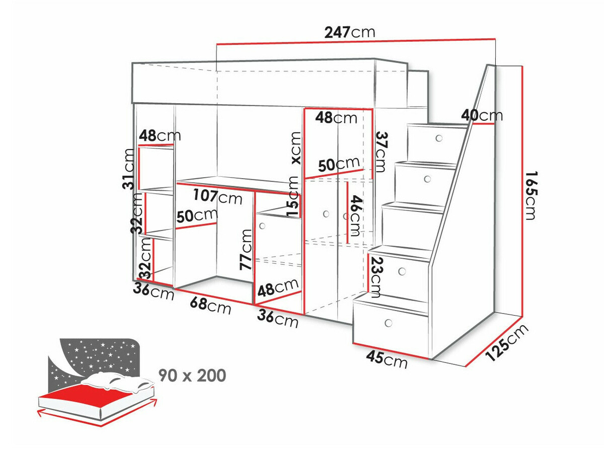 Loft bed Hartford 362 (Artisan oak + White)