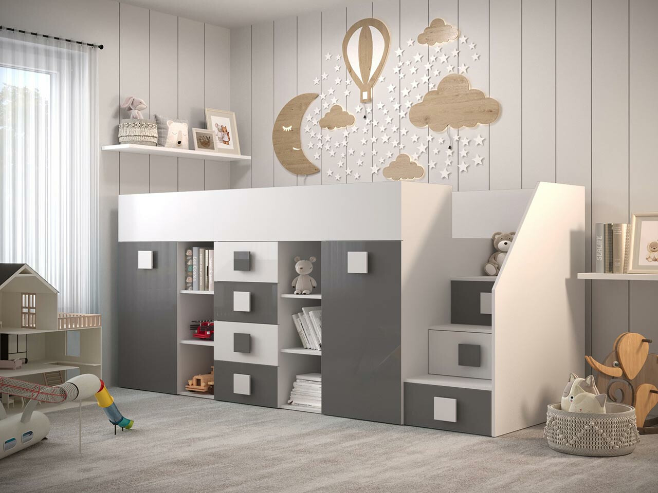 Loft bed Hartford 366 (White + Gloss grey + Glossy white)