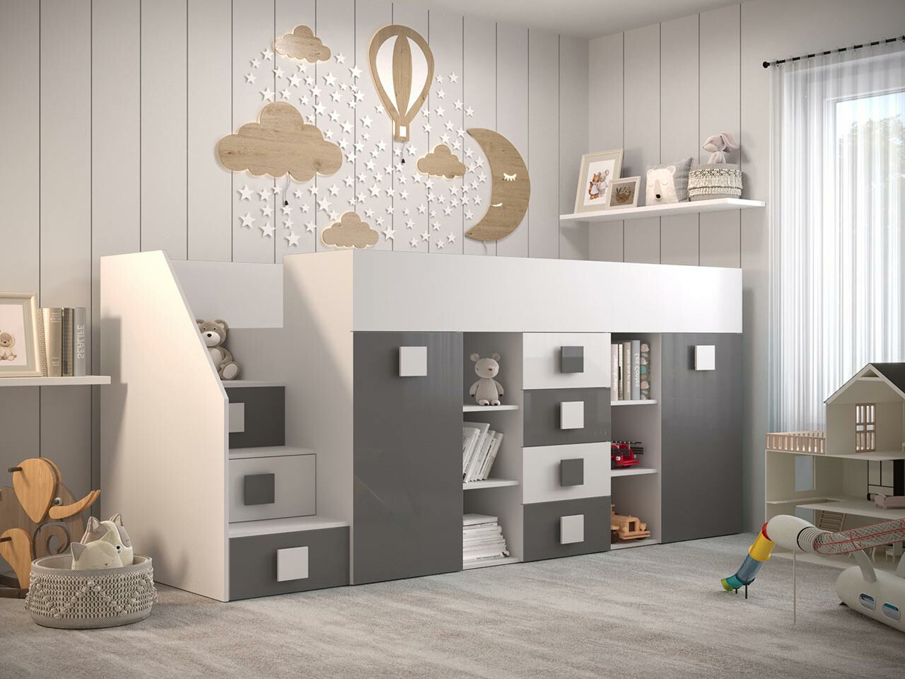 Loft bed Hartford 366 (White + Gloss grey + Glossy white)