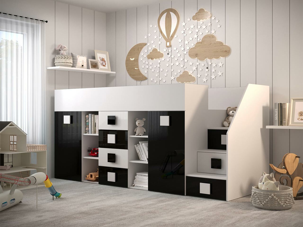 Loft bed Hartford 366 (White + Glossy black + Glossy white)