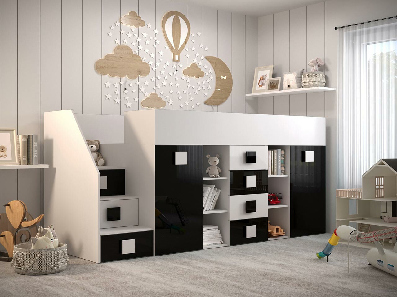 Loft bed Hartford 366 (White + Glossy black + Glossy white)