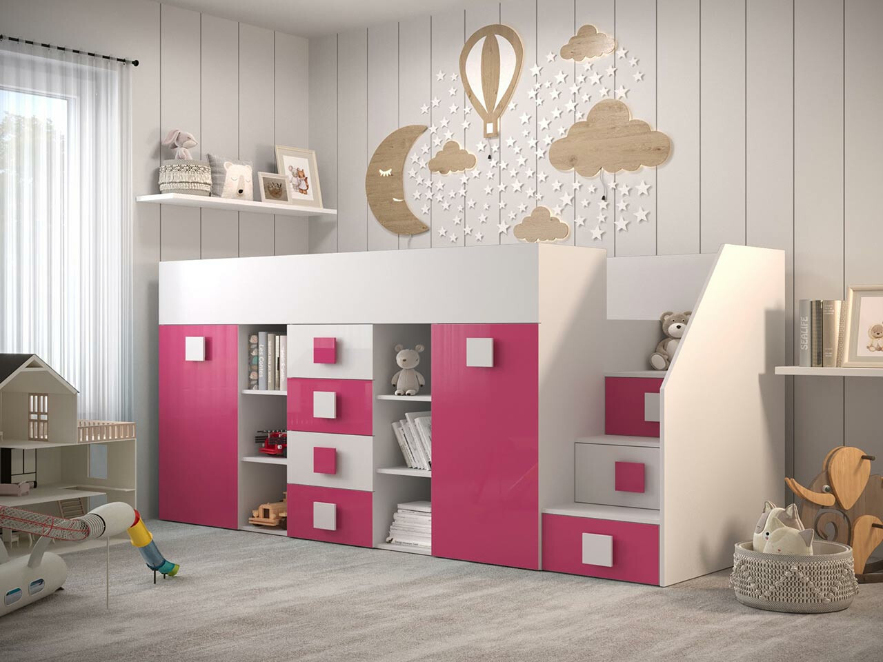 Loft bed Hartford 366 (White + Glossy pink + Glossy white)