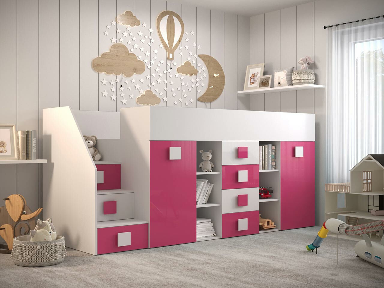Loft bed Hartford 366 (White + Glossy pink + Glossy white)