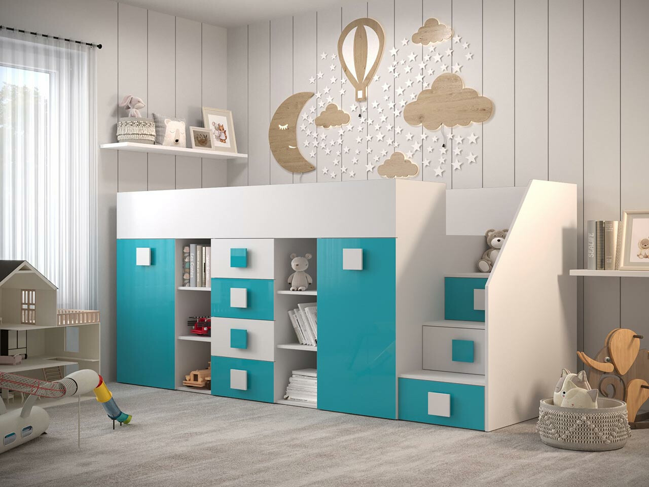 Loft bed Hartford 366 (White + Glossy Turquoise + Glossy white)