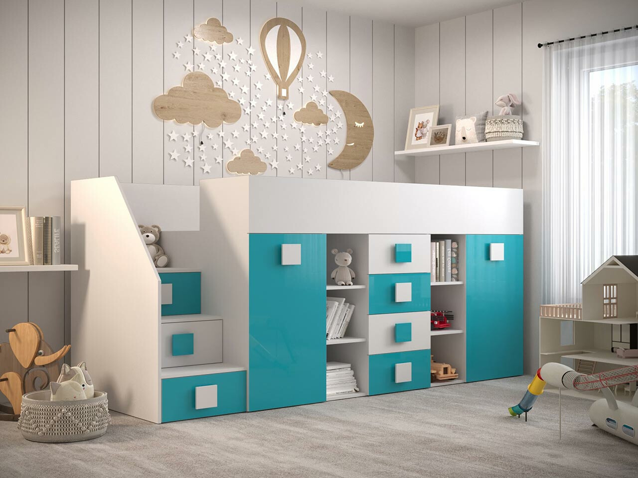 Loft bed Hartford 366 (White + Glossy Turquoise + Glossy white)