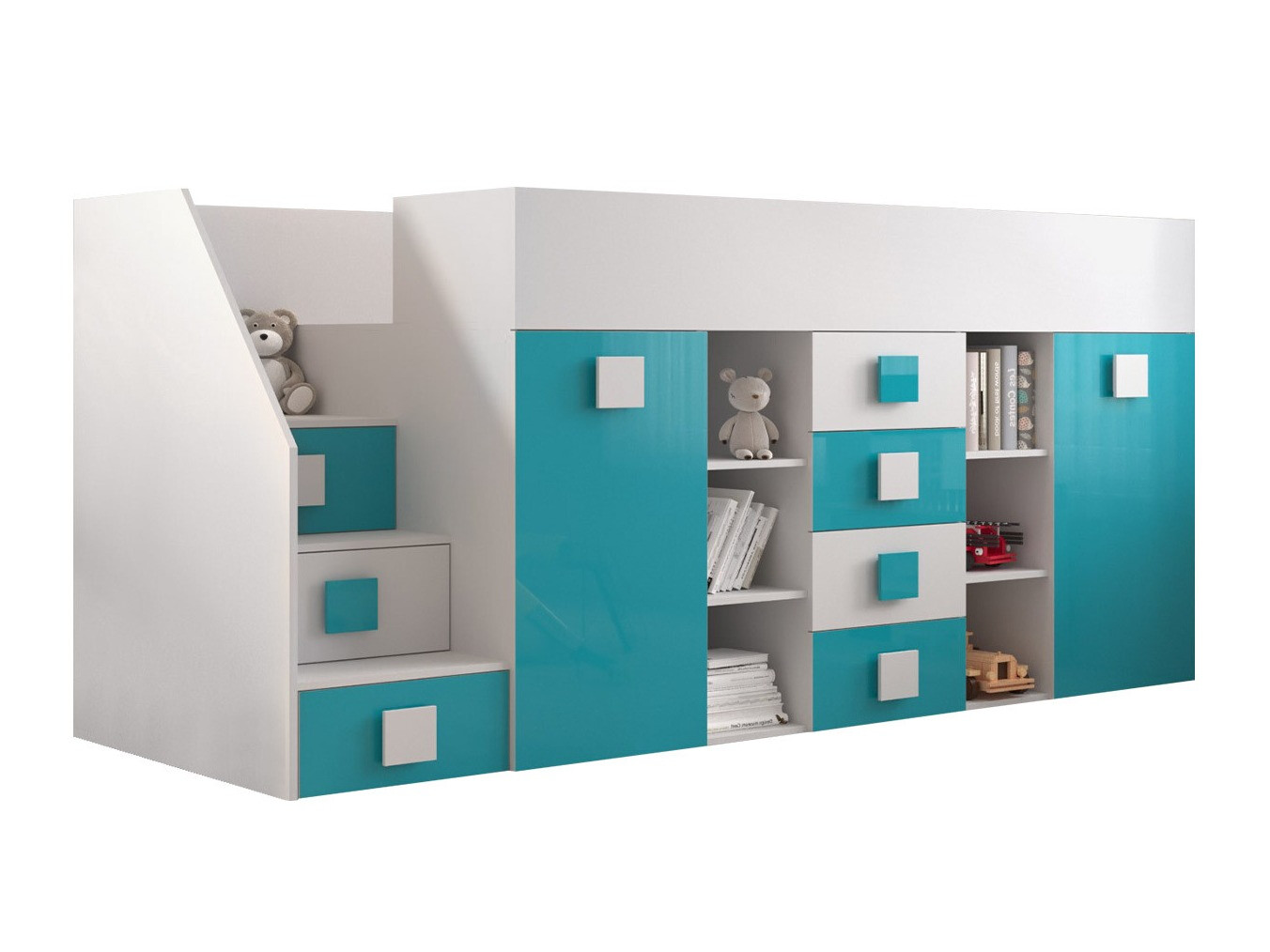 Loft bed Hartford 366 (White + Glossy Turquoise + Glossy white)