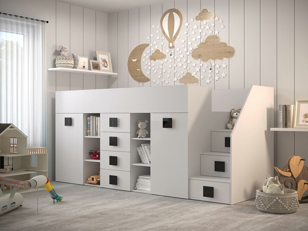 Loft bed Hartford 366 (White + Glossy white + Black)