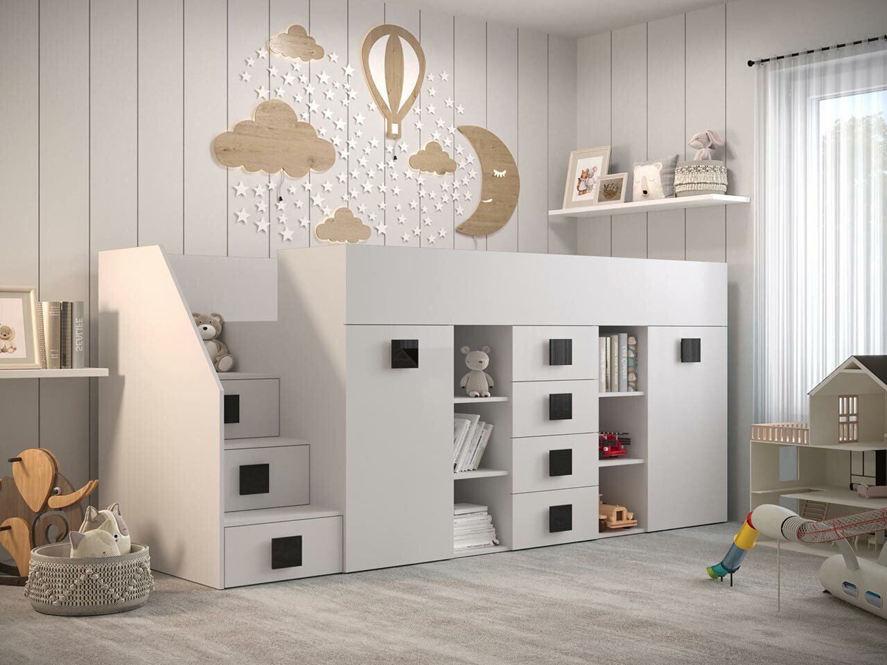 Loft bed Hartford 366 (White + Glossy white + Black)