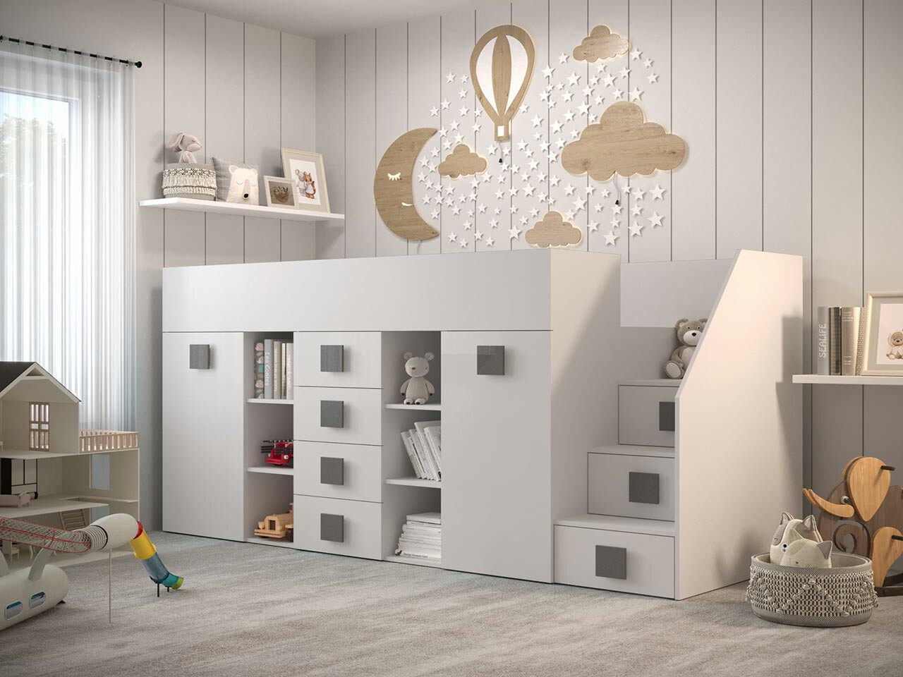 Loft bed Hartford 366 (White + Glossy white + Grey)