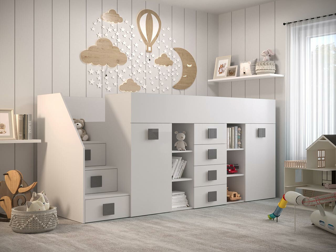 Loft bed Hartford 366 (White + Glossy white + Grey)