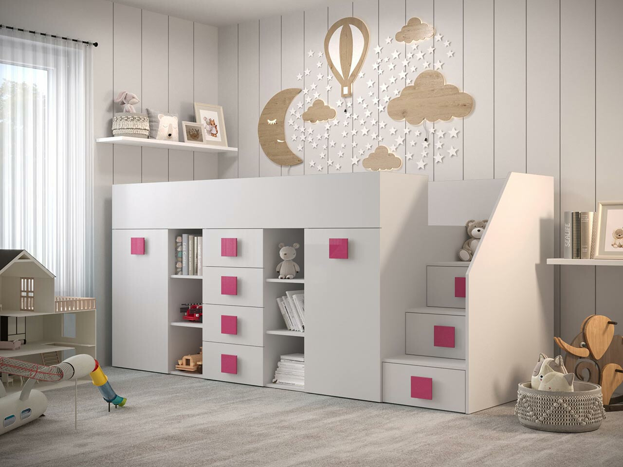 Loft bed Hartford 366 (White + Glossy white + Pink)