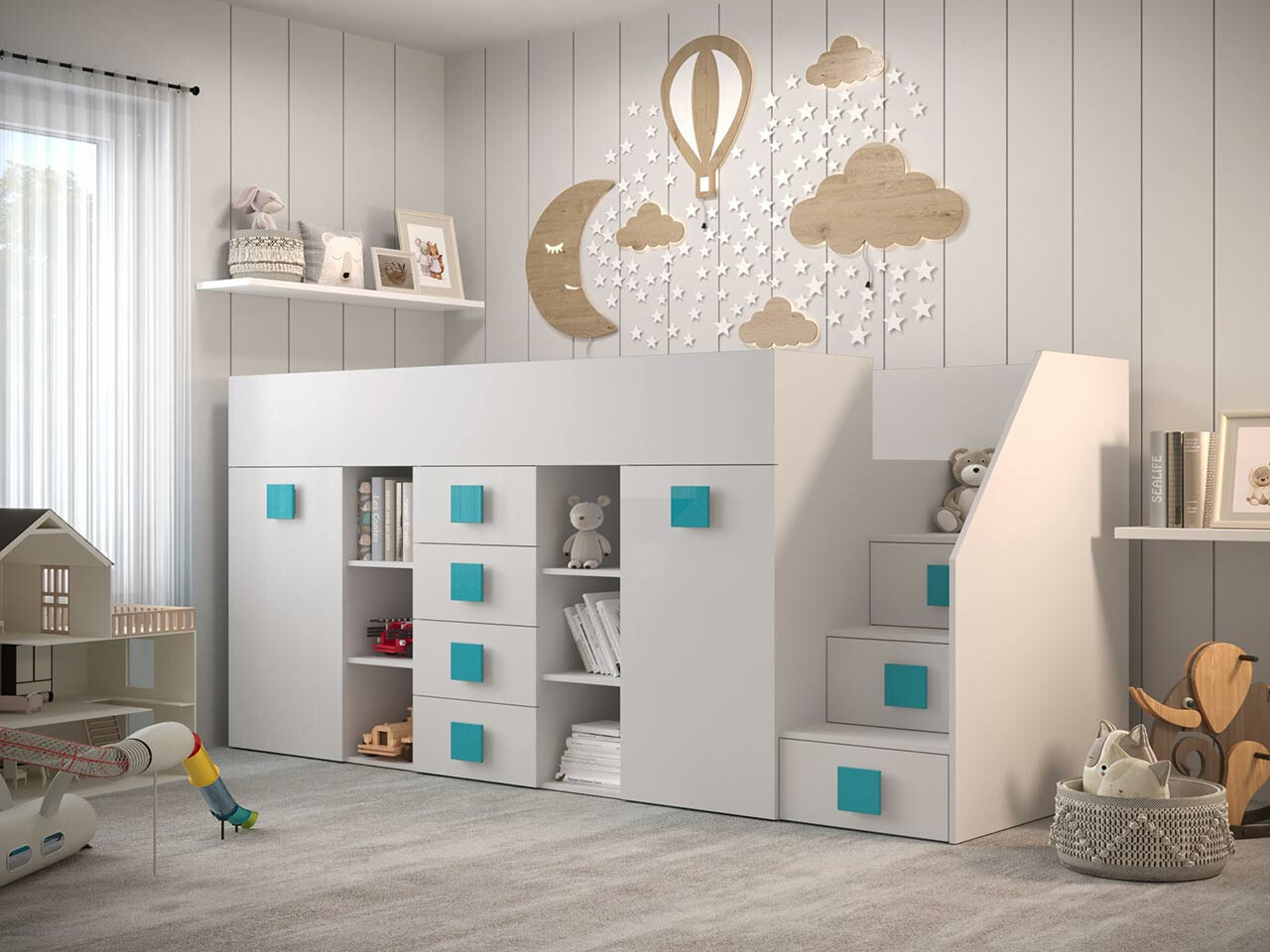 Loft bed Hartford 366 (White + Glossy white + Turquoise)