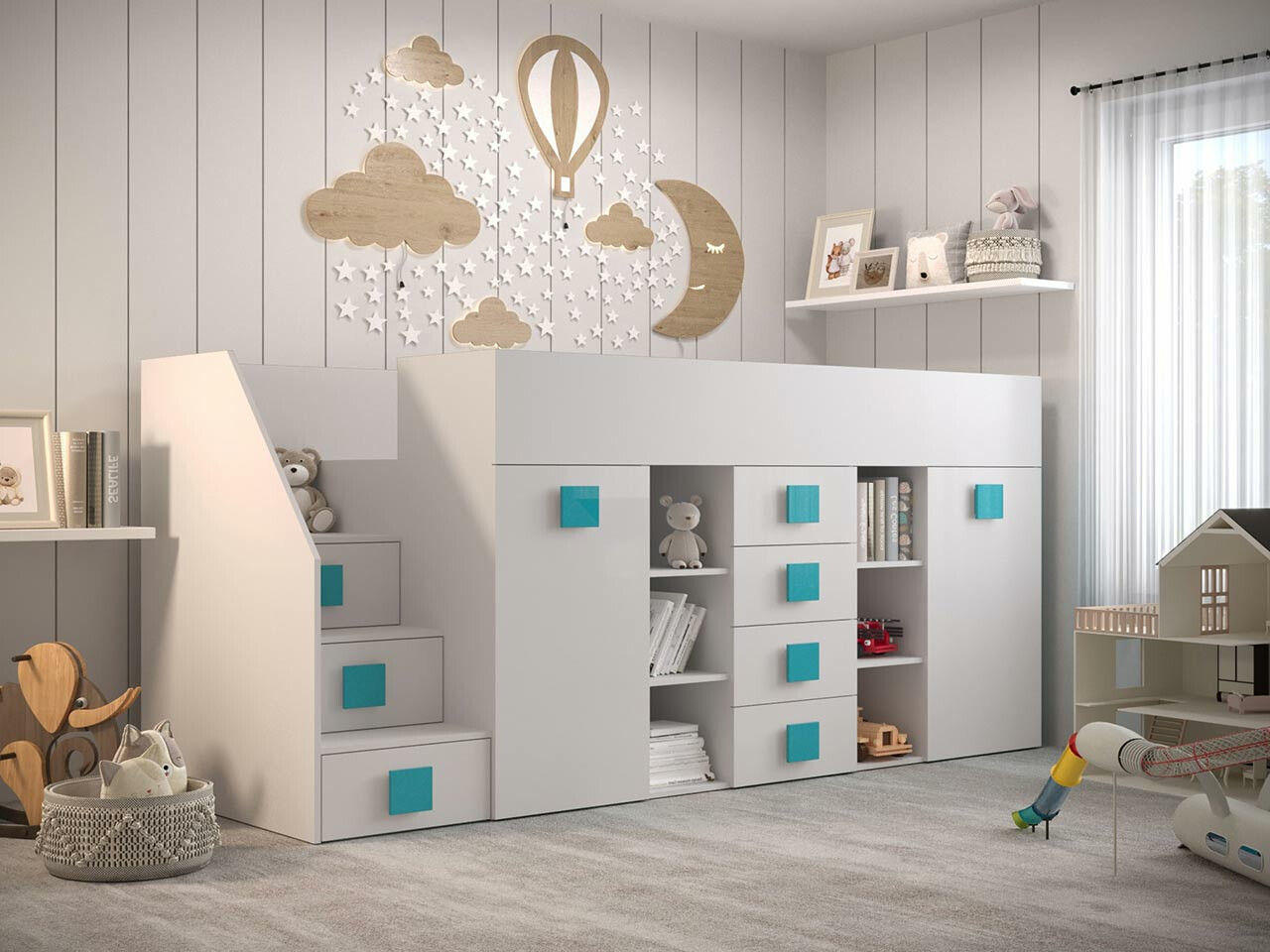 Loft bed Hartford 366 (White + Glossy white + Turquoise)