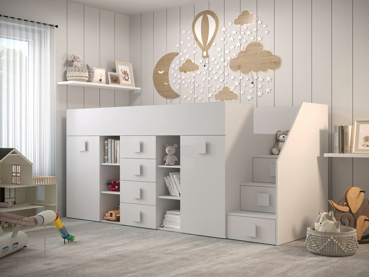Loft bed Hartford 366 (White + Glossy white)