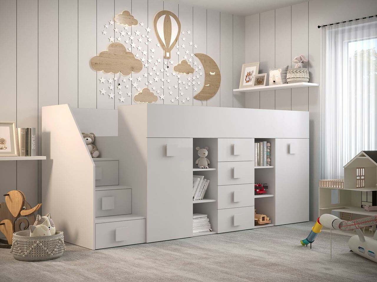 Loft bed Hartford 366 (White + Glossy white)