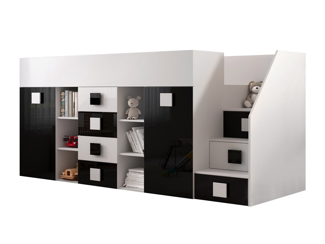 Loft bed Hartford 366 (White + Glossy black + Glossy white)