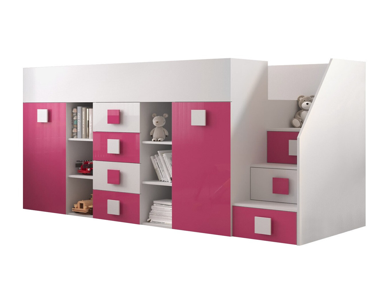 Loft bed Hartford 366 (White + Glossy pink + Glossy white)