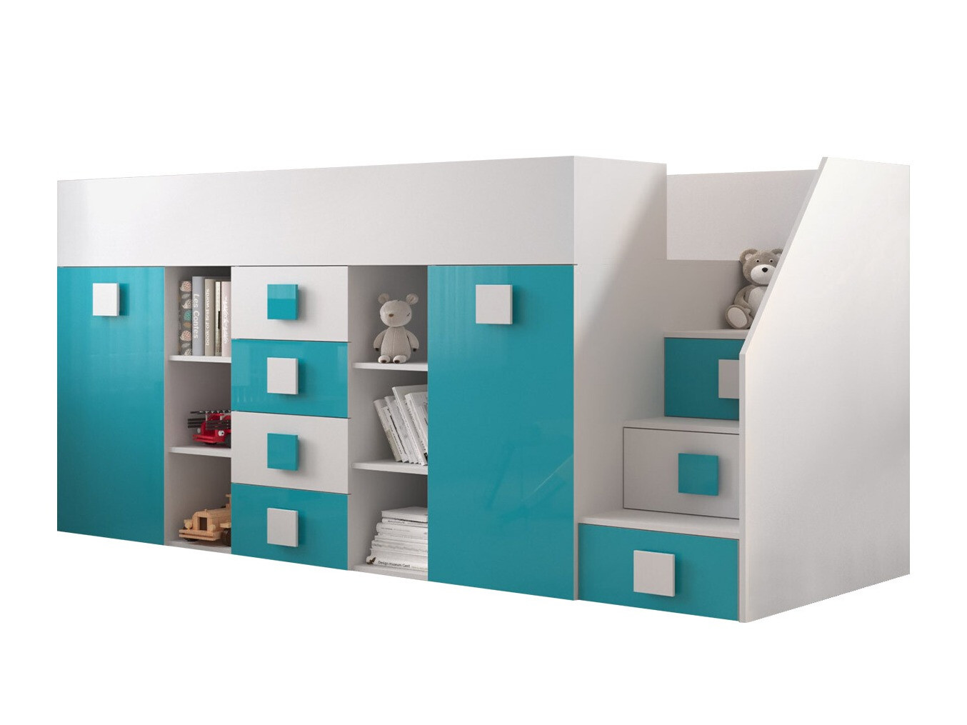 Loft bed Hartford 366 (White + Glossy Turquoise + Glossy white)