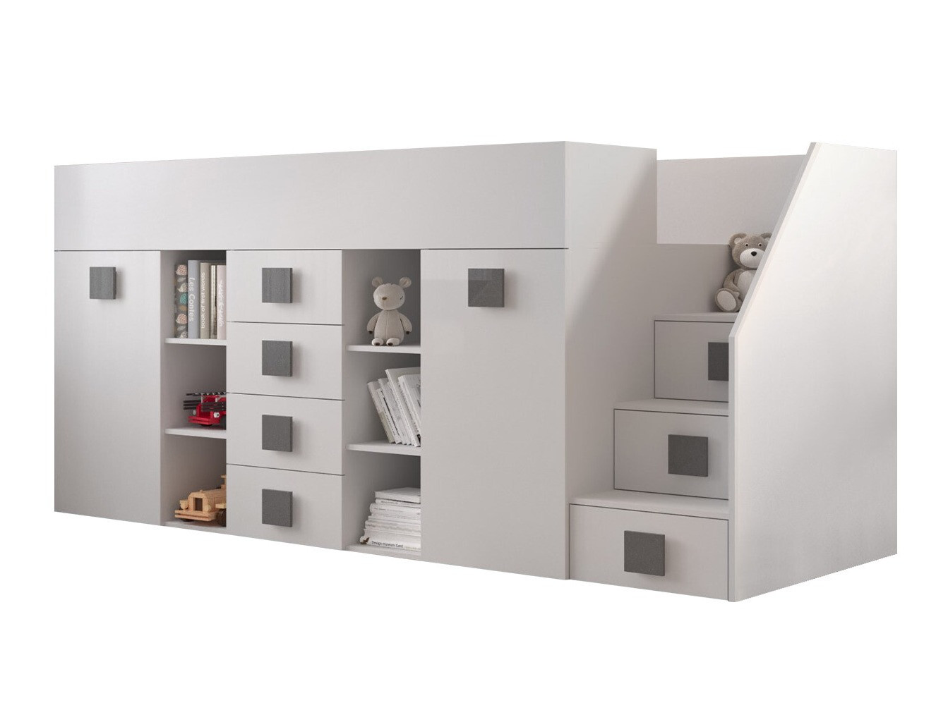 Loft bed Hartford 366 (White + Glossy white + Grey)