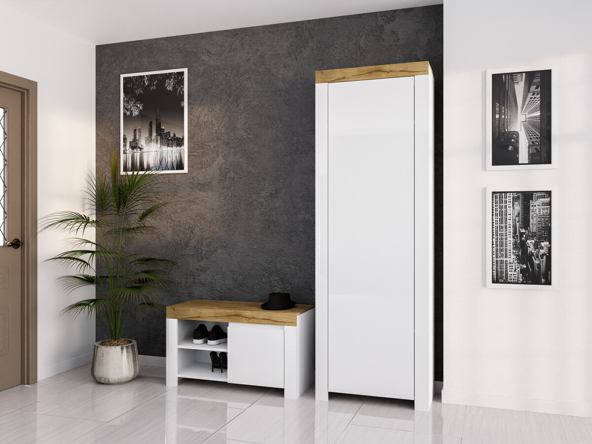 Wardrobe Sonsoru 117 (White + Glossy white + Wotan Oak)