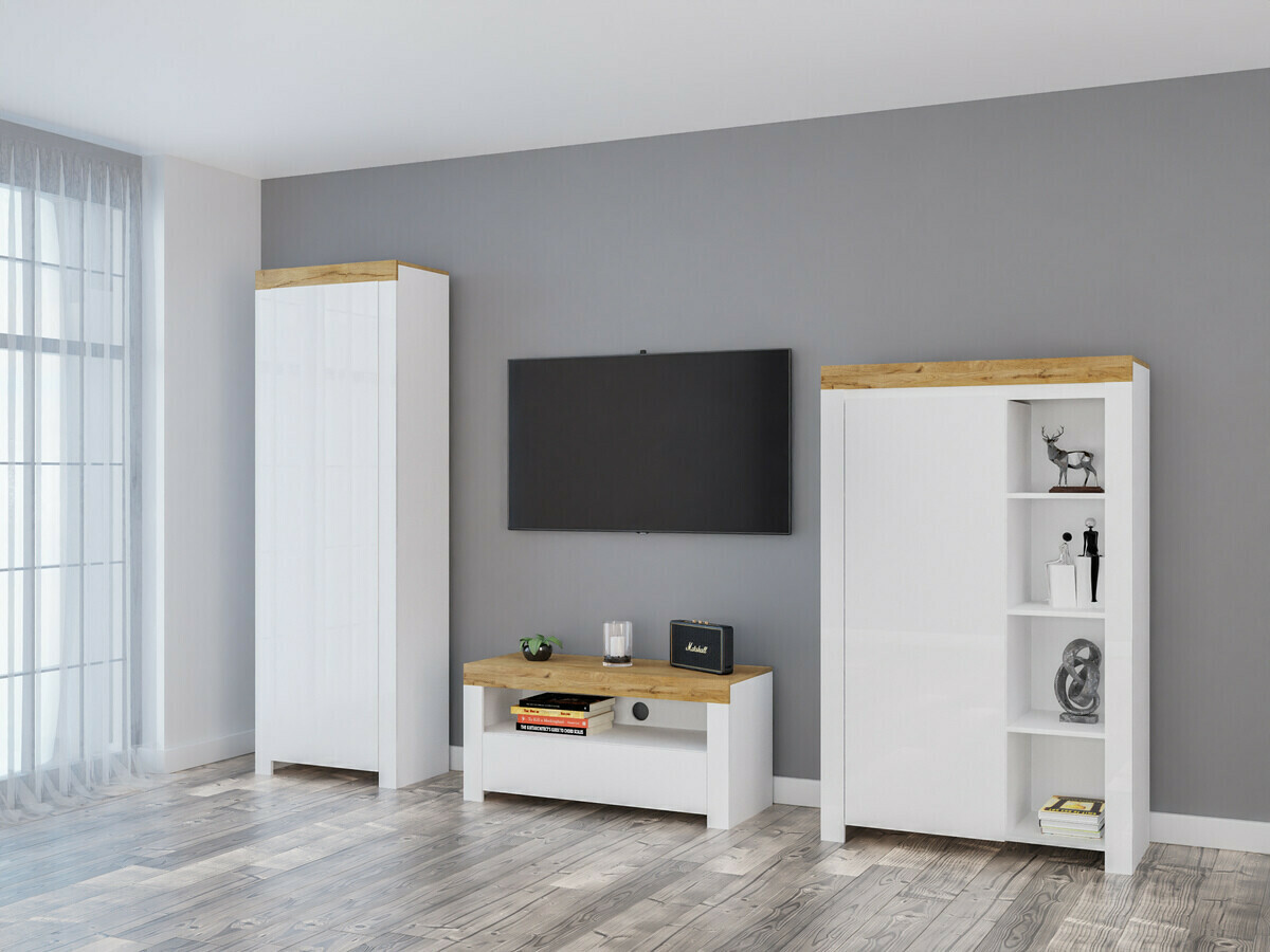 TV stand Sonsoru 107 (White + Glossy white + Wotan Oak)