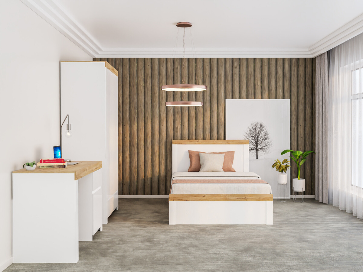 Bed Sonsoru 115 (White + Glossy white + Wotan Oak)