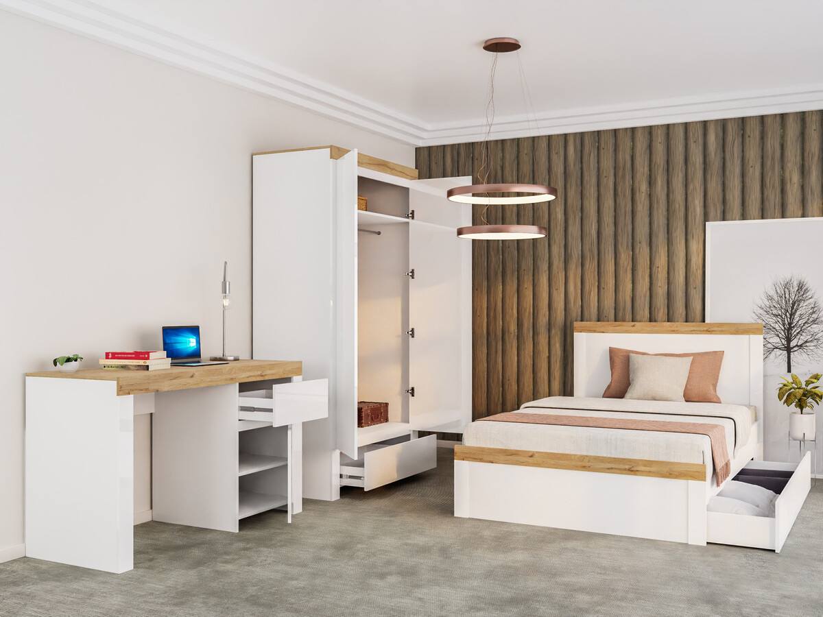 Bed Sonsoru 115 (White + Glossy white + Wotan Oak)