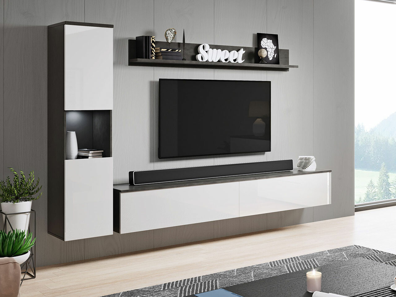 Living room set Sarasota 130 (Dark grey + Glossy white)
