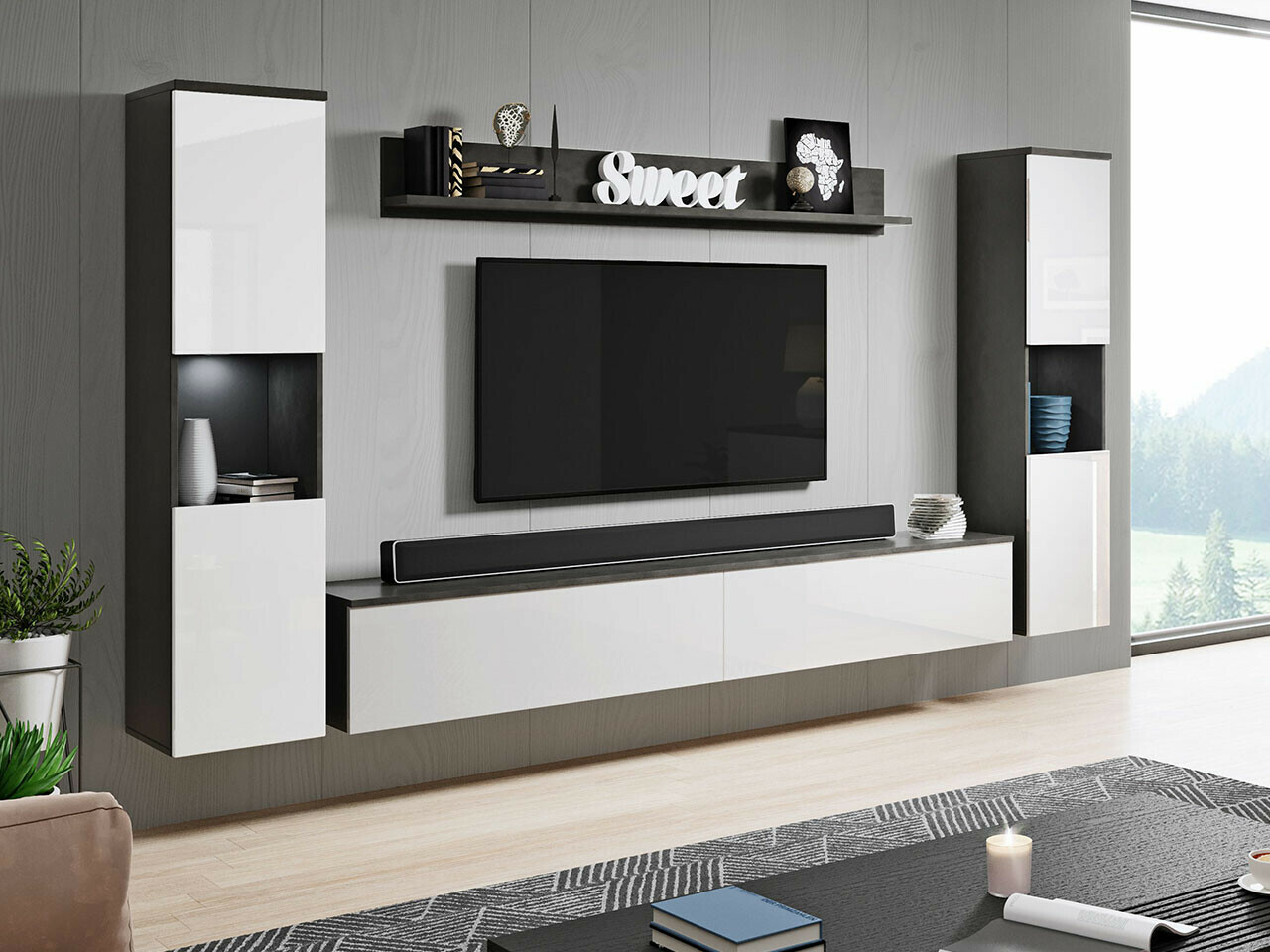 Living room set Sarasota 131 (Dark grey + Glossy white)